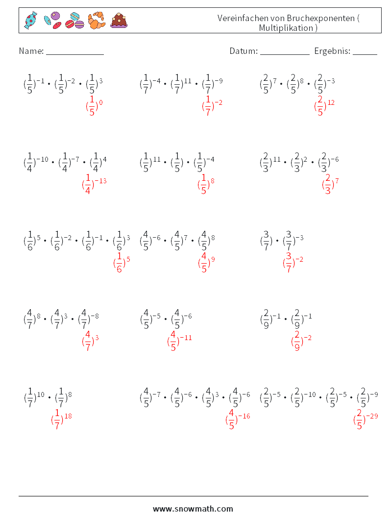 Vereinfachen von Bruchexponenten ( Multiplikation ) Mathe-Arbeitsblätter 3 Frage, Antwort