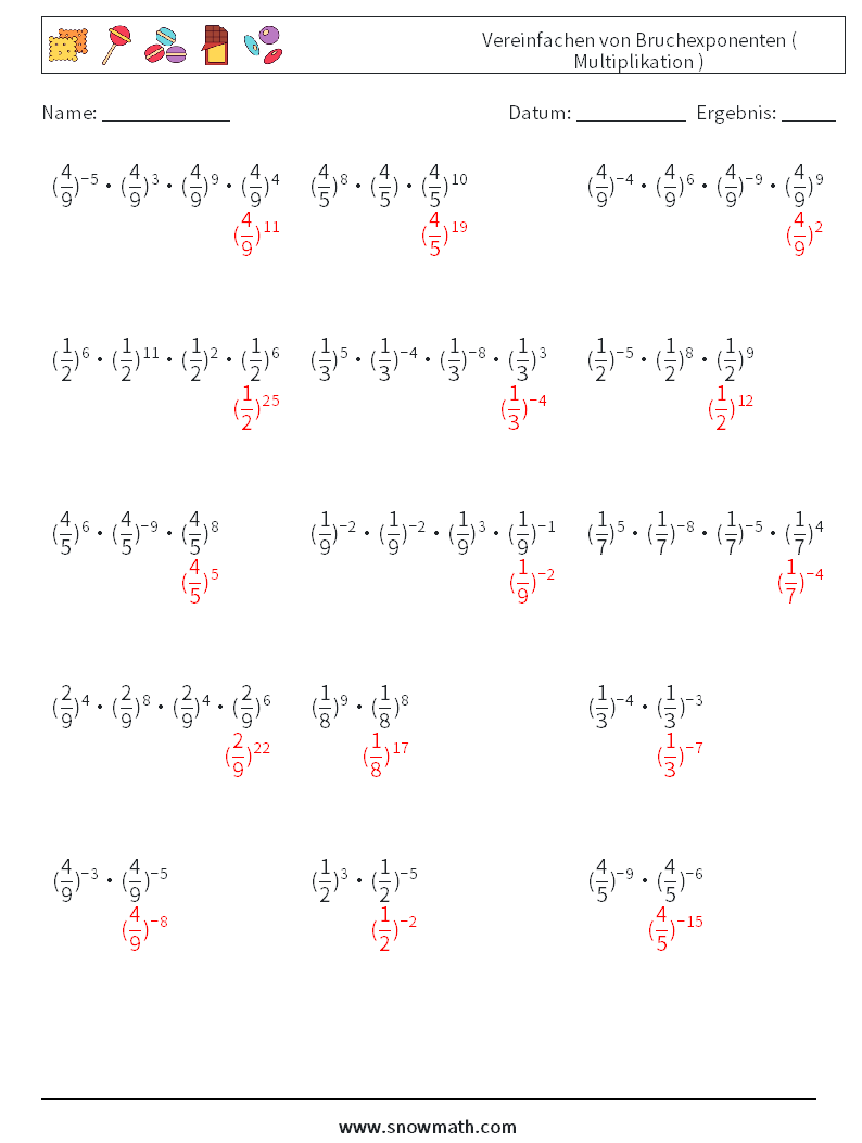 Vereinfachen von Bruchexponenten ( Multiplikation ) Mathe-Arbeitsblätter 4 Frage, Antwort