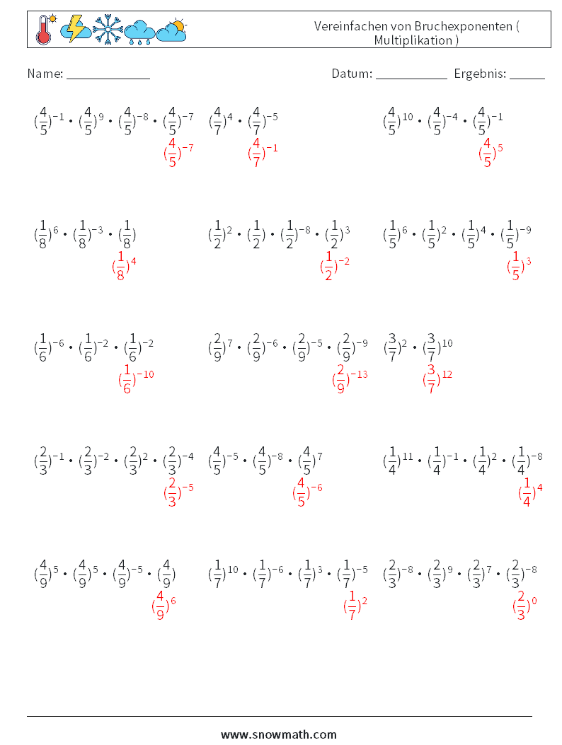 Vereinfachen von Bruchexponenten ( Multiplikation ) Mathe-Arbeitsblätter 5 Frage, Antwort