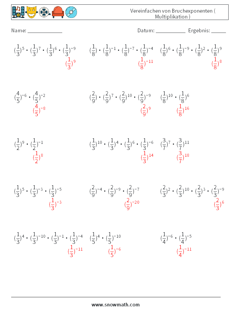 Vereinfachen von Bruchexponenten ( Multiplikation ) Mathe-Arbeitsblätter 6 Frage, Antwort