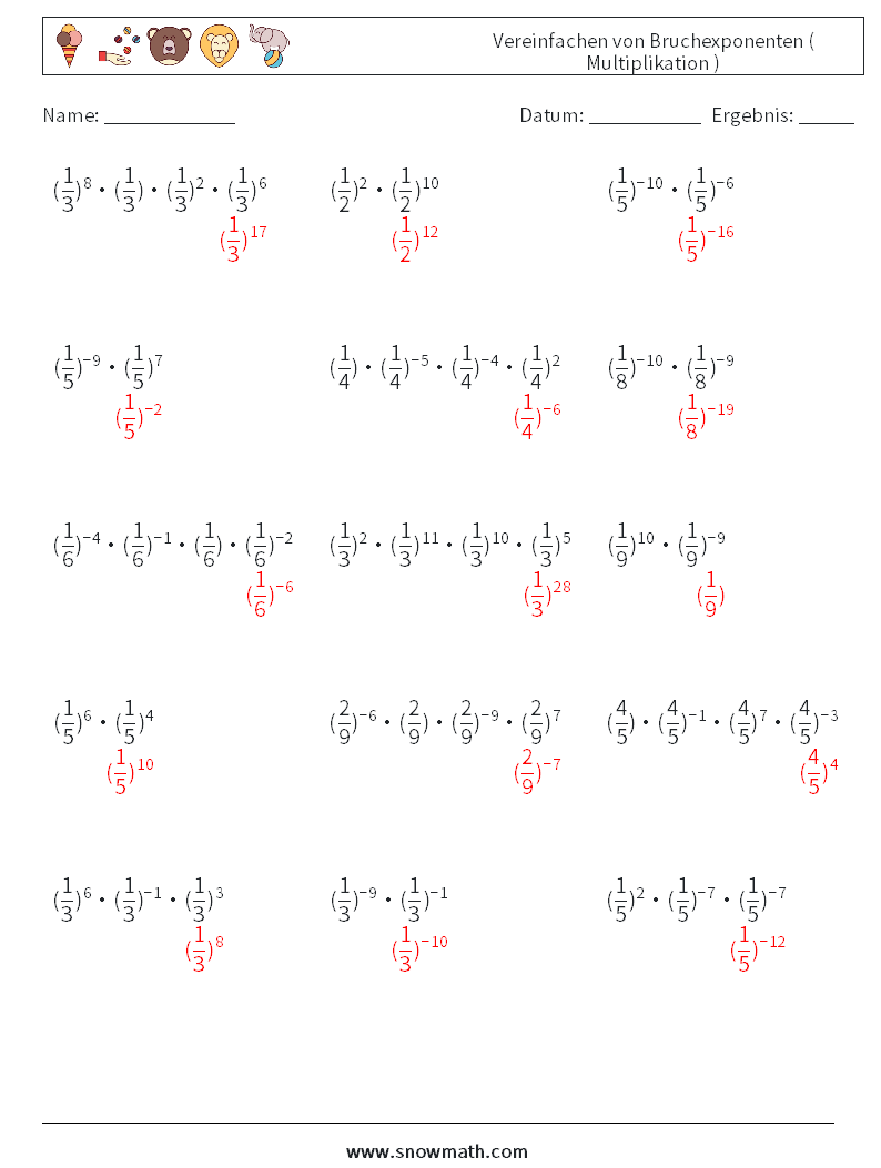 Vereinfachen von Bruchexponenten ( Multiplikation ) Mathe-Arbeitsblätter 7 Frage, Antwort