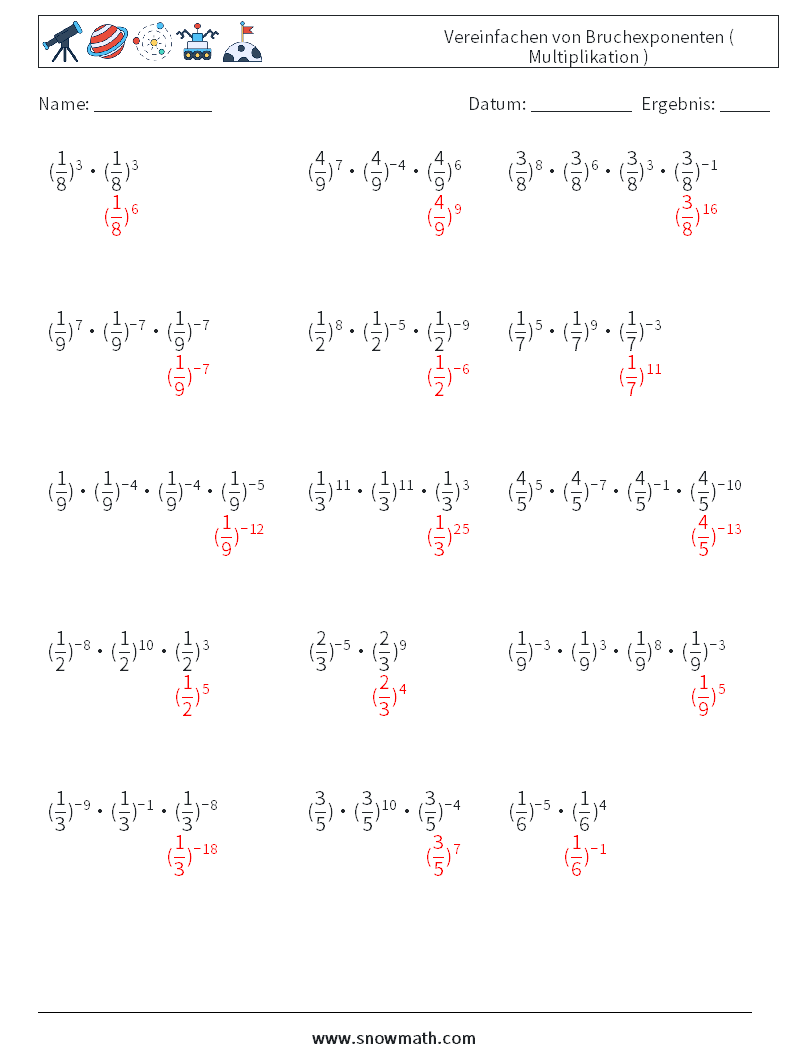 Vereinfachen von Bruchexponenten ( Multiplikation ) Mathe-Arbeitsblätter 8 Frage, Antwort