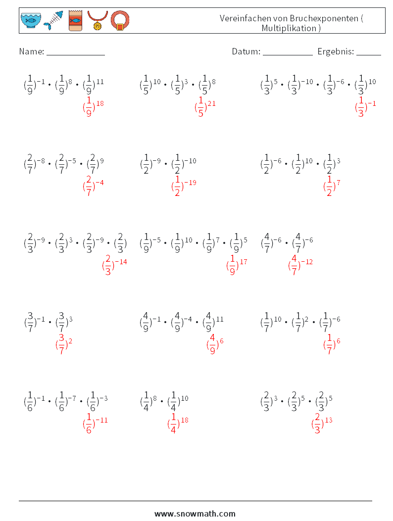 Vereinfachen von Bruchexponenten ( Multiplikation ) Mathe-Arbeitsblätter 9 Frage, Antwort