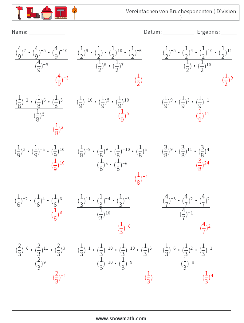 Vereinfachen von Bruchexponenten ( Division ) Mathe-Arbeitsblätter 1 Frage, Antwort