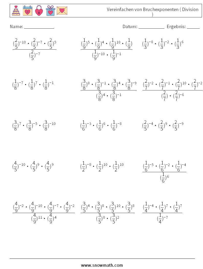 Vereinfachen von Bruchexponenten ( Division ) Mathe-Arbeitsblätter 2