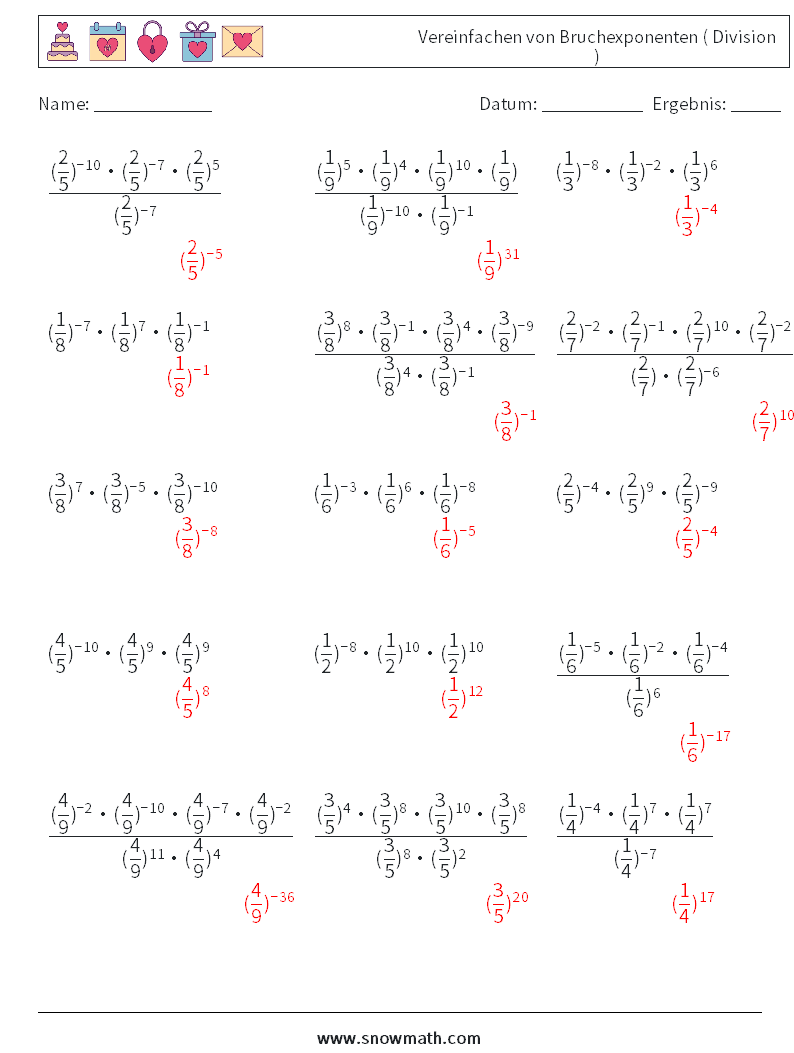 Vereinfachen von Bruchexponenten ( Division ) Mathe-Arbeitsblätter 2 Frage, Antwort
