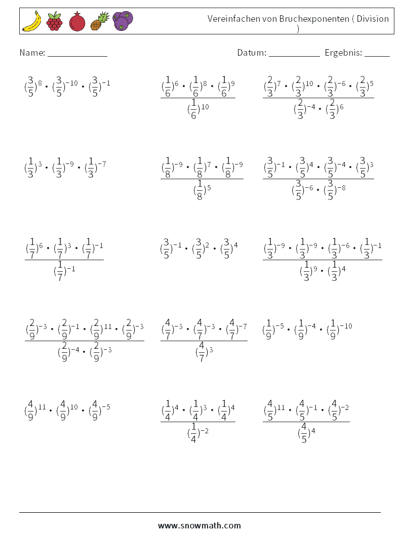 Vereinfachen von Bruchexponenten ( Division ) Mathe-Arbeitsblätter 3