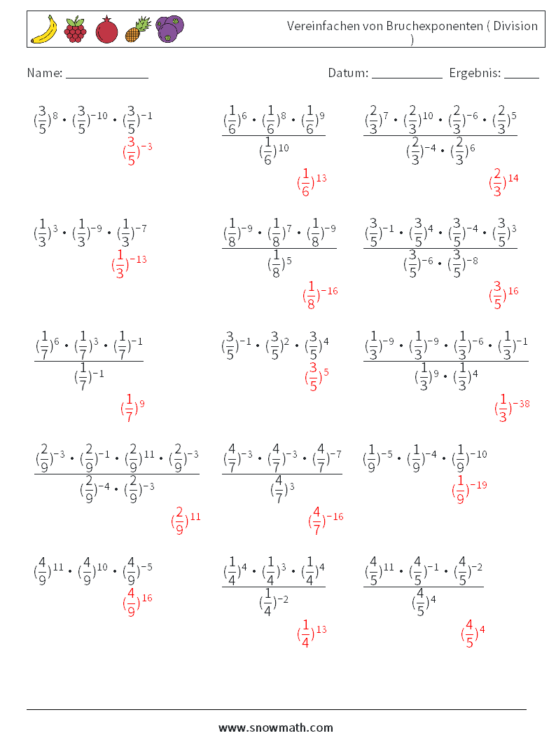 Vereinfachen von Bruchexponenten ( Division ) Mathe-Arbeitsblätter 3 Frage, Antwort