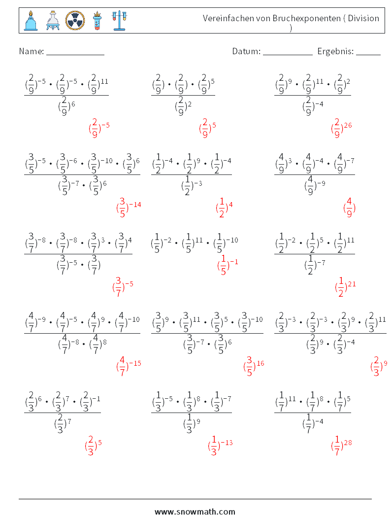 Vereinfachen von Bruchexponenten ( Division ) Mathe-Arbeitsblätter 4 Frage, Antwort