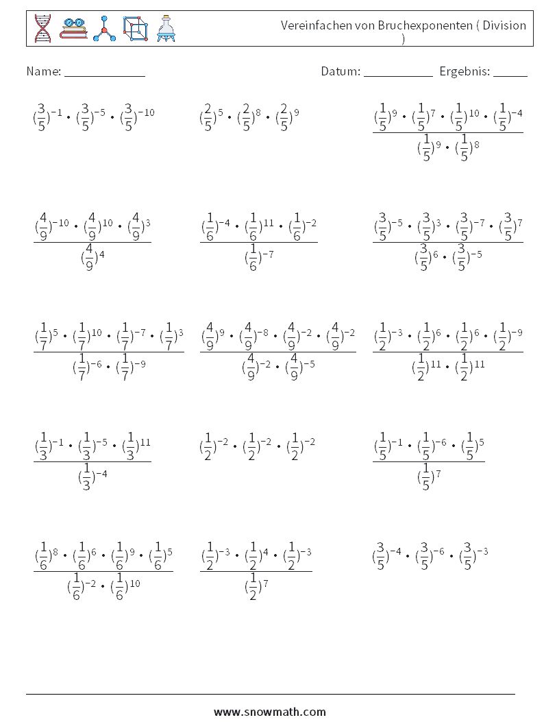 Vereinfachen von Bruchexponenten ( Division ) Mathe-Arbeitsblätter 5