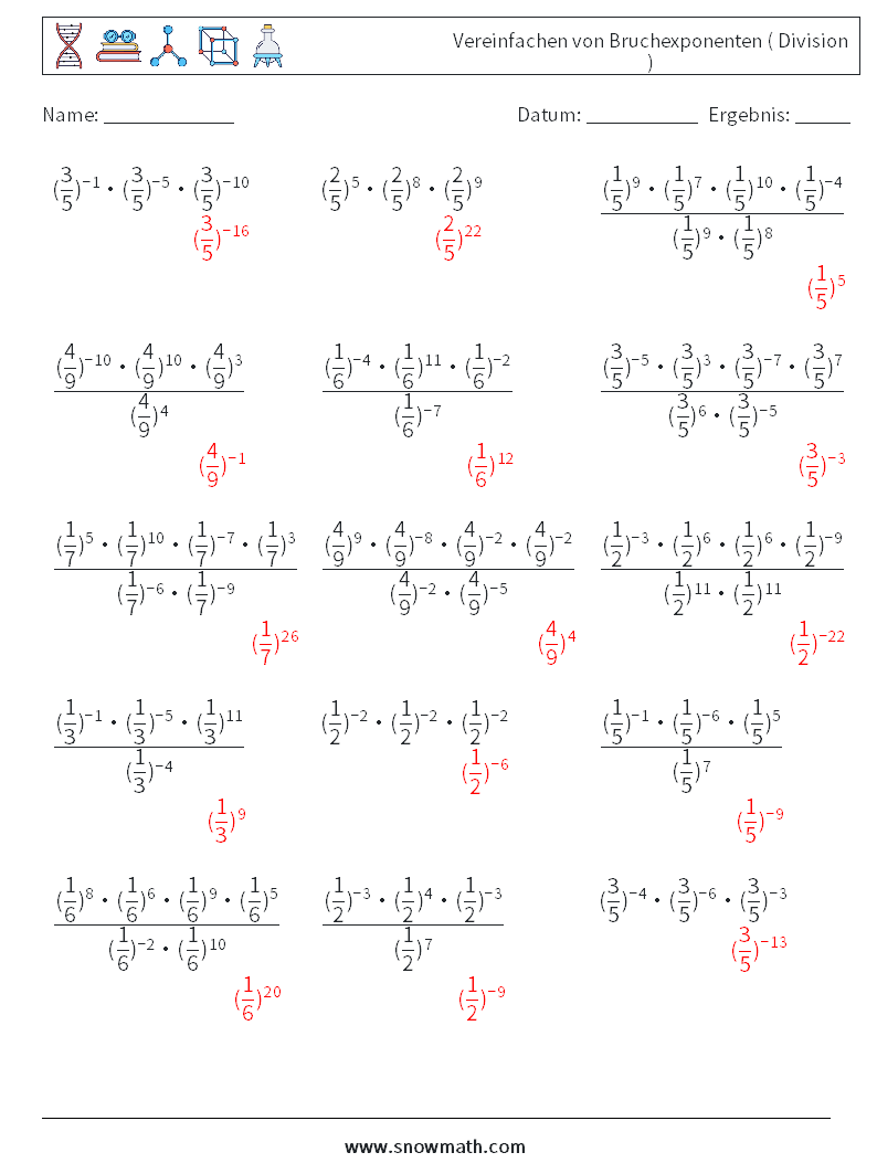 Vereinfachen von Bruchexponenten ( Division ) Mathe-Arbeitsblätter 5 Frage, Antwort