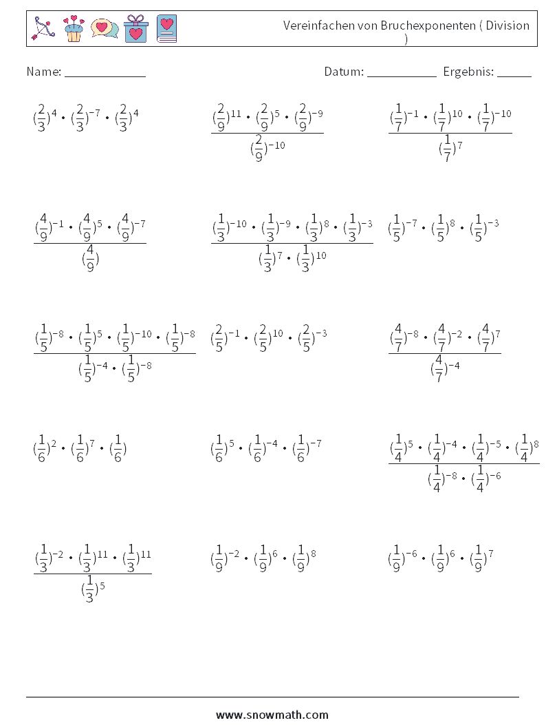 Vereinfachen von Bruchexponenten ( Division ) Mathe-Arbeitsblätter 6