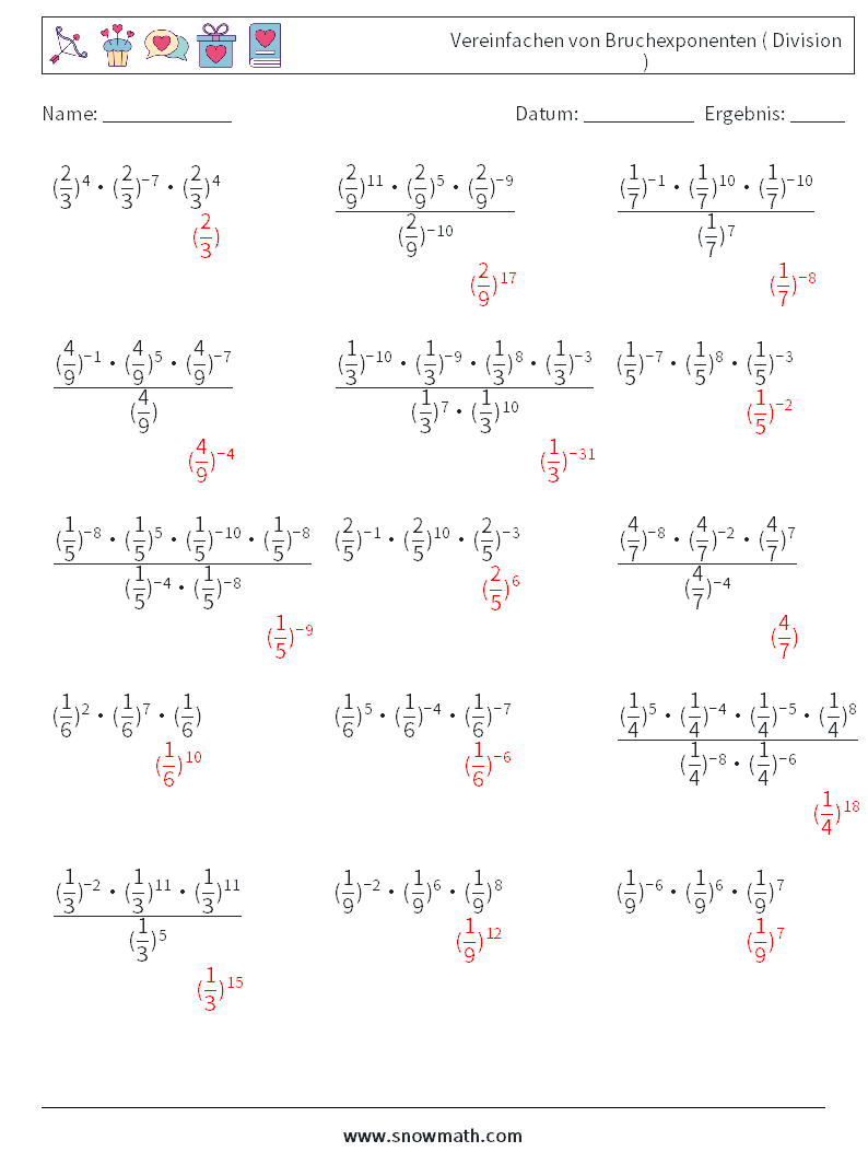 Vereinfachen von Bruchexponenten ( Division ) Mathe-Arbeitsblätter 6 Frage, Antwort