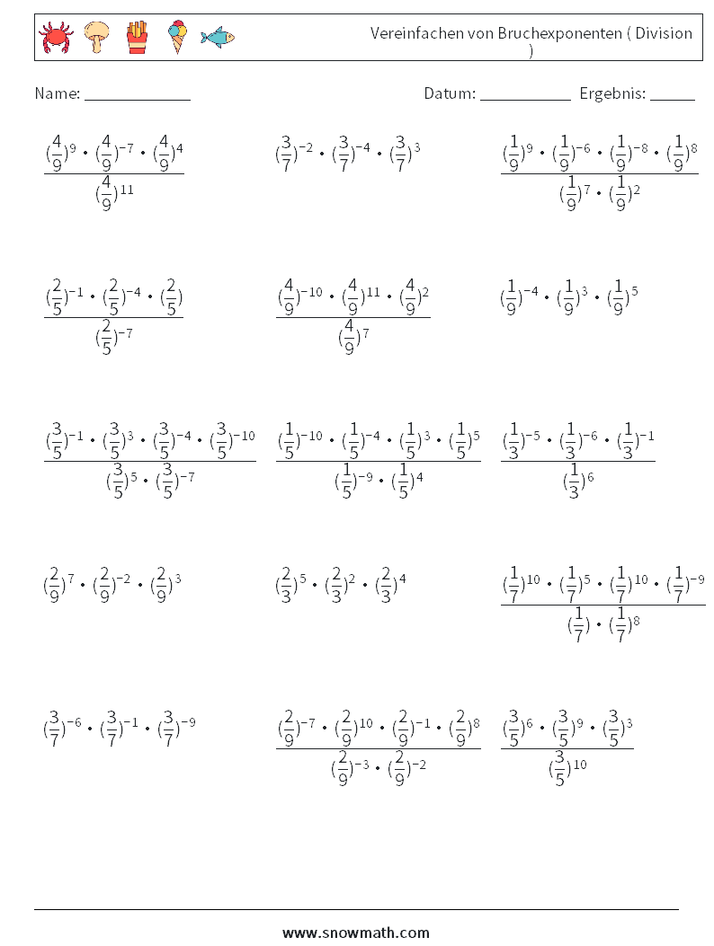 Vereinfachen von Bruchexponenten ( Division ) Mathe-Arbeitsblätter 7
