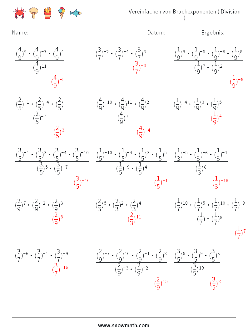 Vereinfachen von Bruchexponenten ( Division ) Mathe-Arbeitsblätter 7 Frage, Antwort