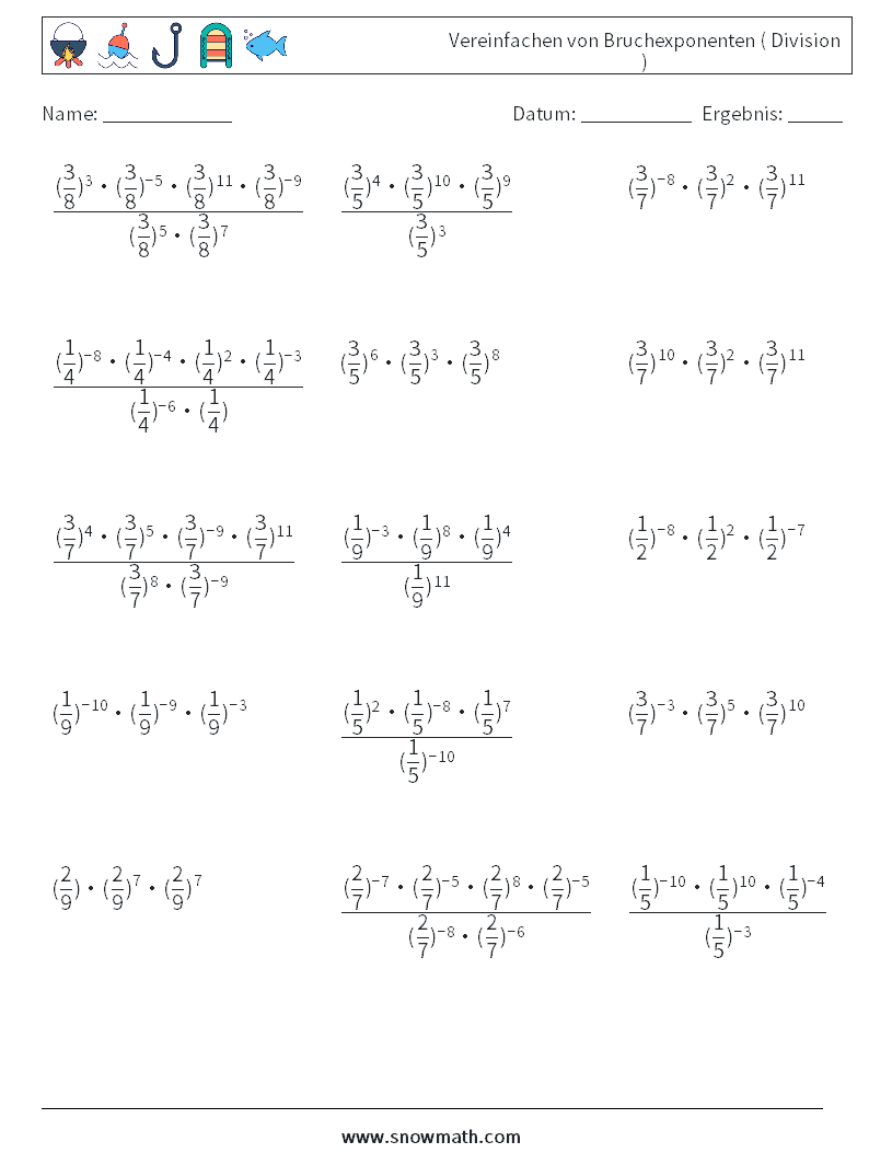 Vereinfachen von Bruchexponenten ( Division ) Mathe-Arbeitsblätter 8