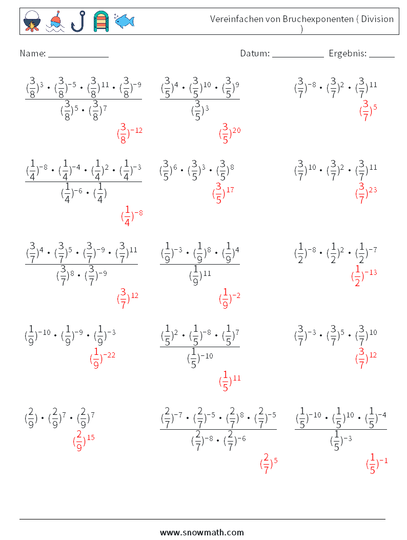 Vereinfachen von Bruchexponenten ( Division ) Mathe-Arbeitsblätter 8 Frage, Antwort