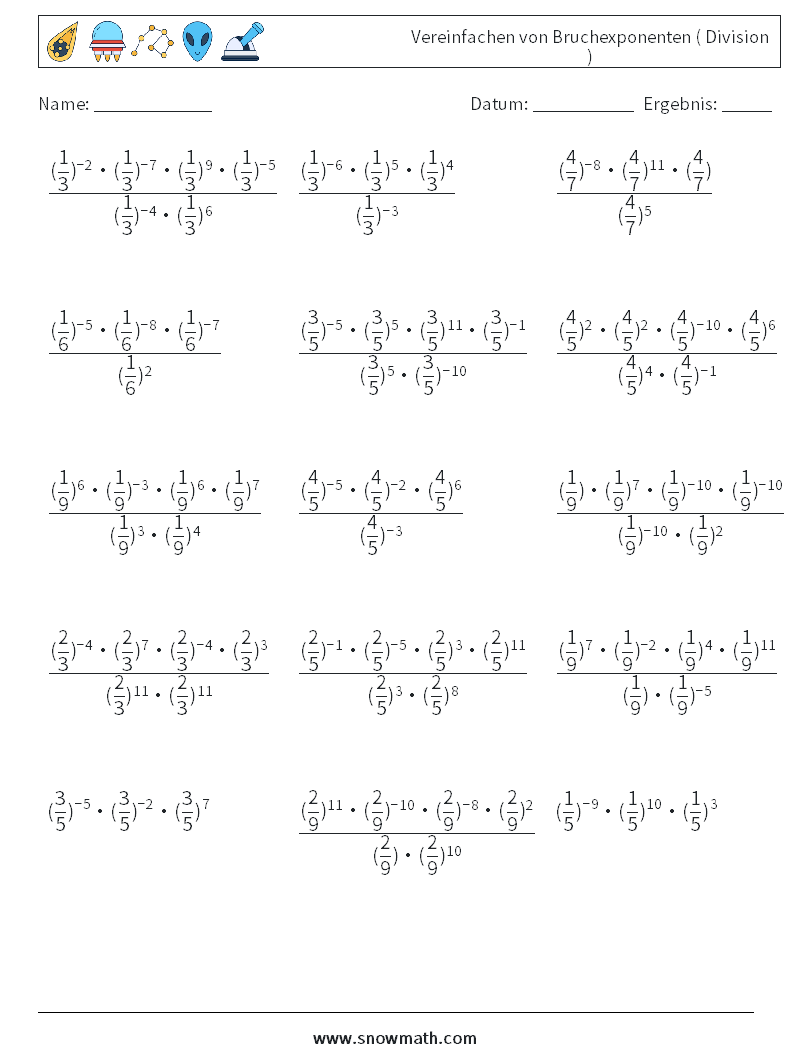 Vereinfachen von Bruchexponenten ( Division ) Mathe-Arbeitsblätter 9