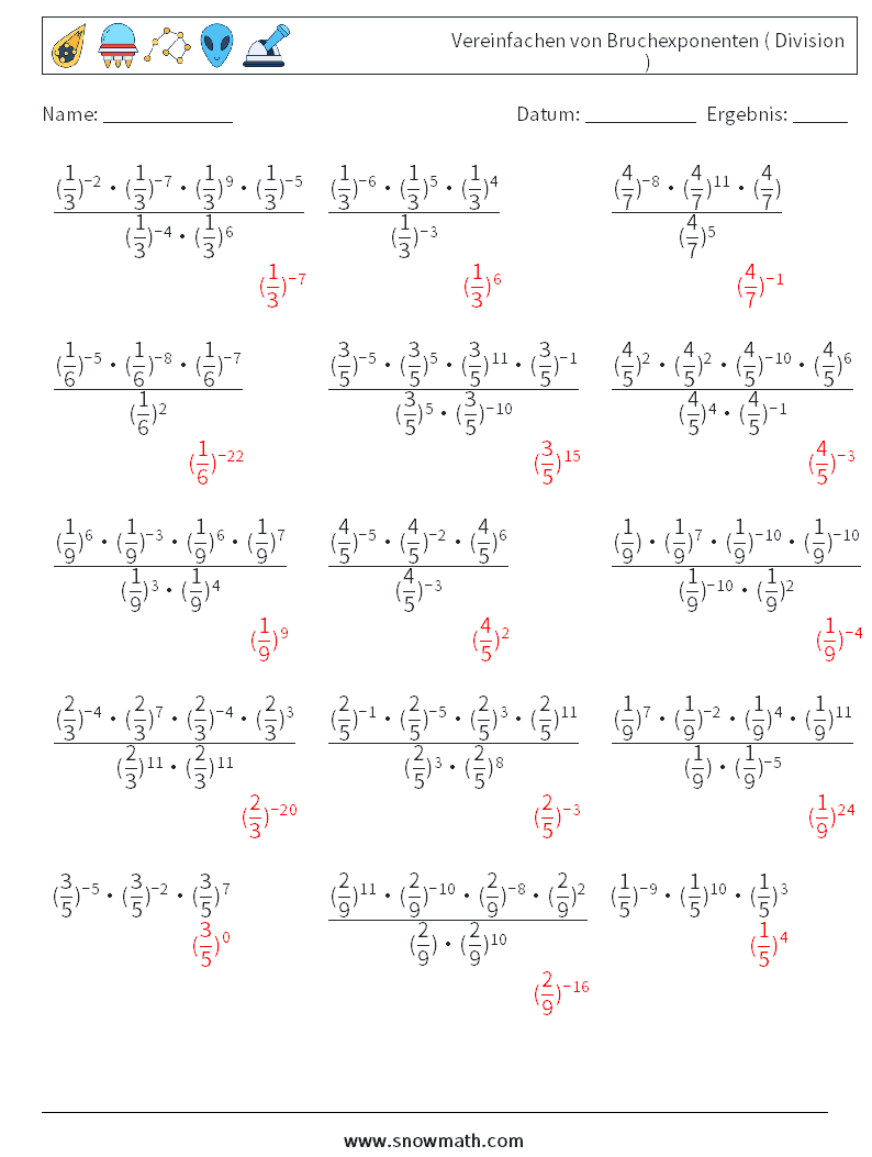 Vereinfachen von Bruchexponenten ( Division ) Mathe-Arbeitsblätter 9 Frage, Antwort