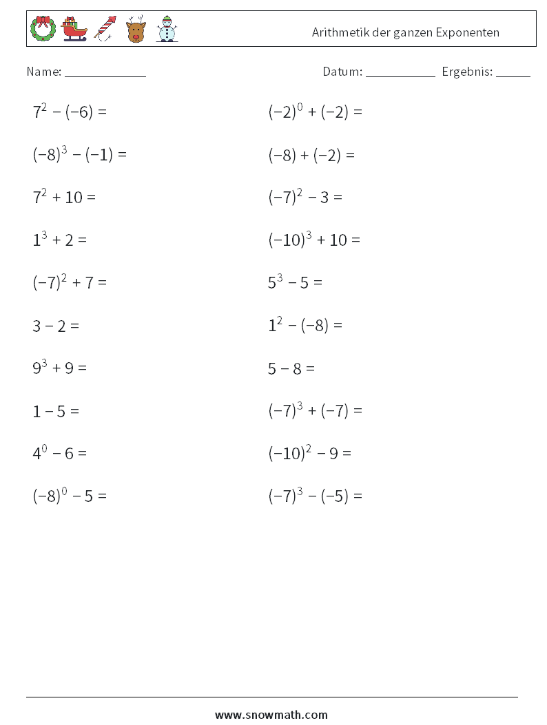 Arithmetik der ganzen Exponenten Mathe-Arbeitsblätter 1