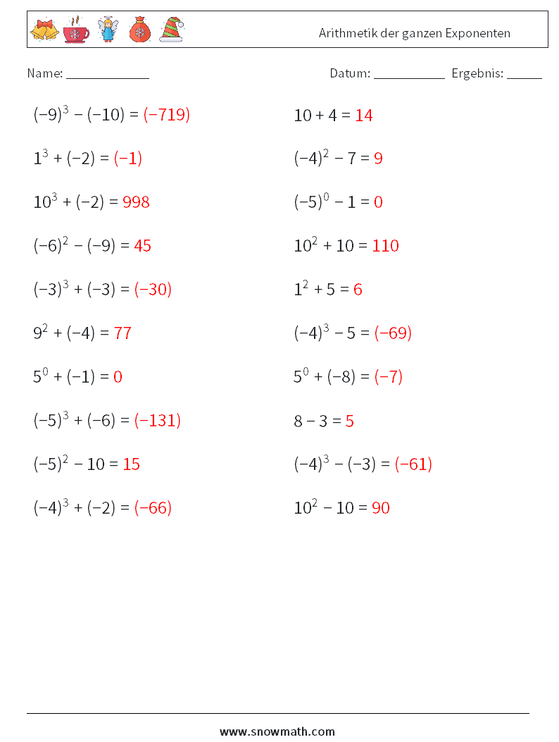 Arithmetik der ganzen Exponenten Mathe-Arbeitsblätter 8 Frage, Antwort