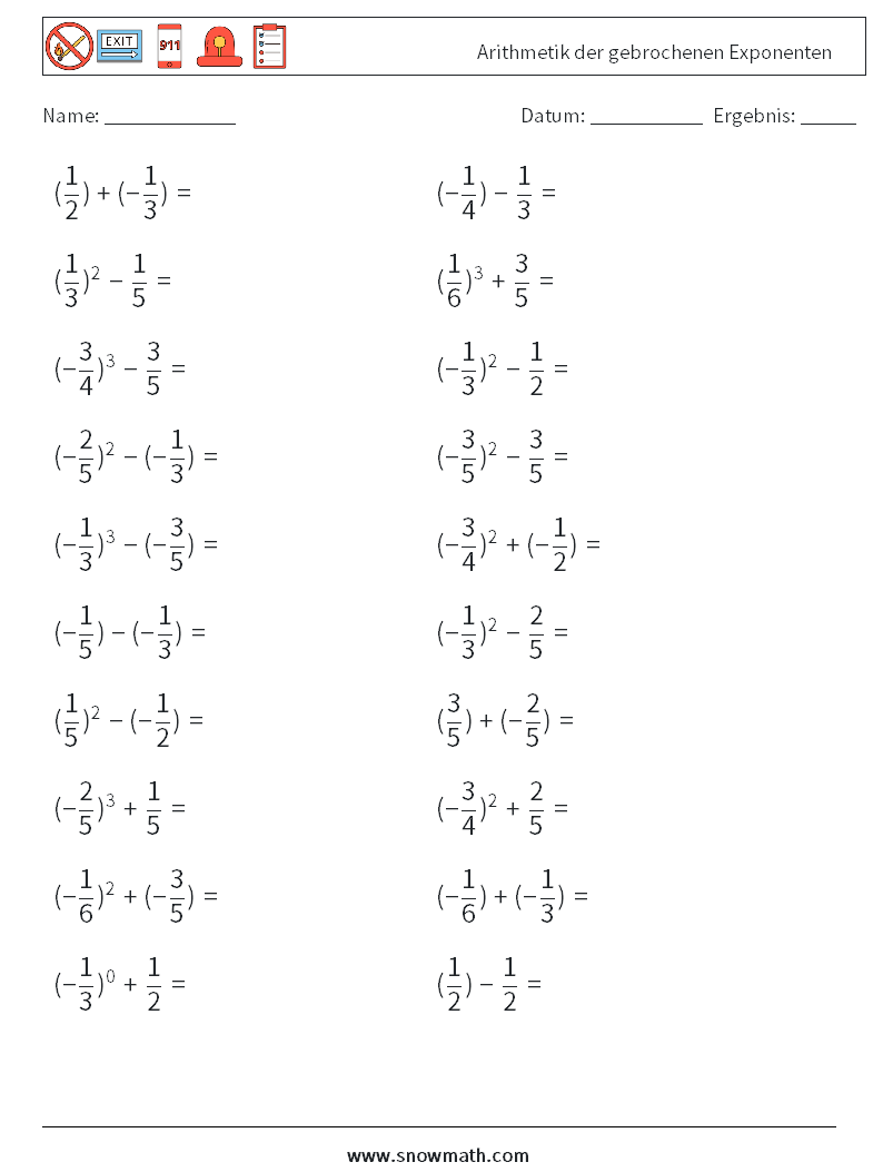 Arithmetik der gebrochenen Exponenten Mathe-Arbeitsblätter 1