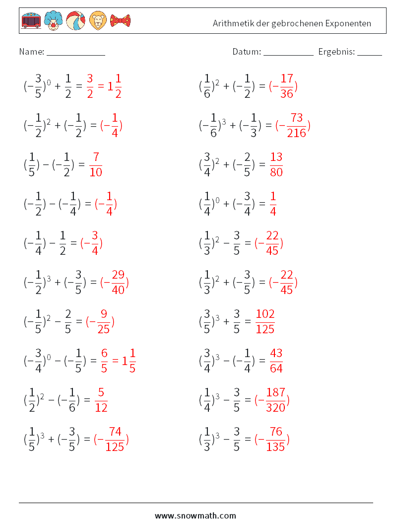 Arithmetik der gebrochenen Exponenten Mathe-Arbeitsblätter 3 Frage, Antwort