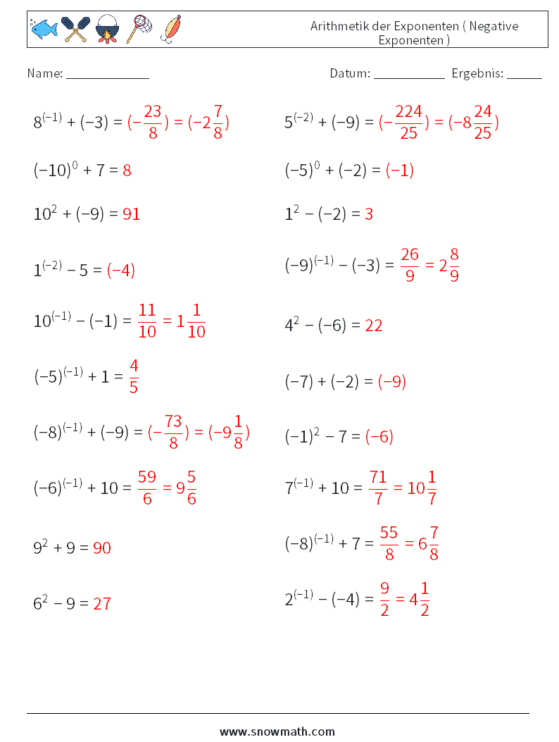  Arithmetik der Exponenten ( Negative Exponenten ) Mathe-Arbeitsblätter 1 Frage, Antwort