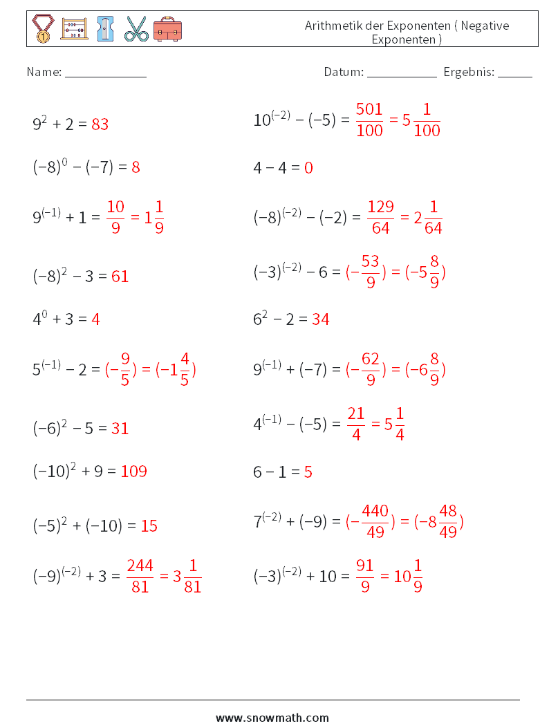  Arithmetik der Exponenten ( Negative Exponenten ) Mathe-Arbeitsblätter 2 Frage, Antwort