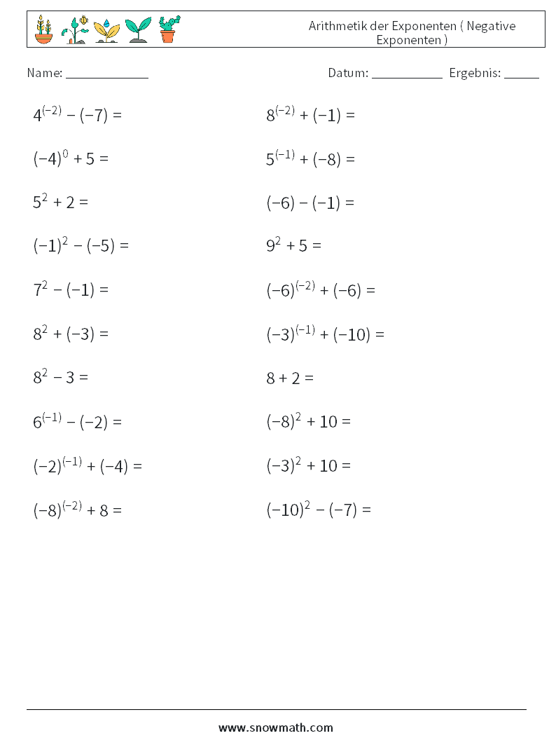  Arithmetik der Exponenten ( Negative Exponenten ) Mathe-Arbeitsblätter 3