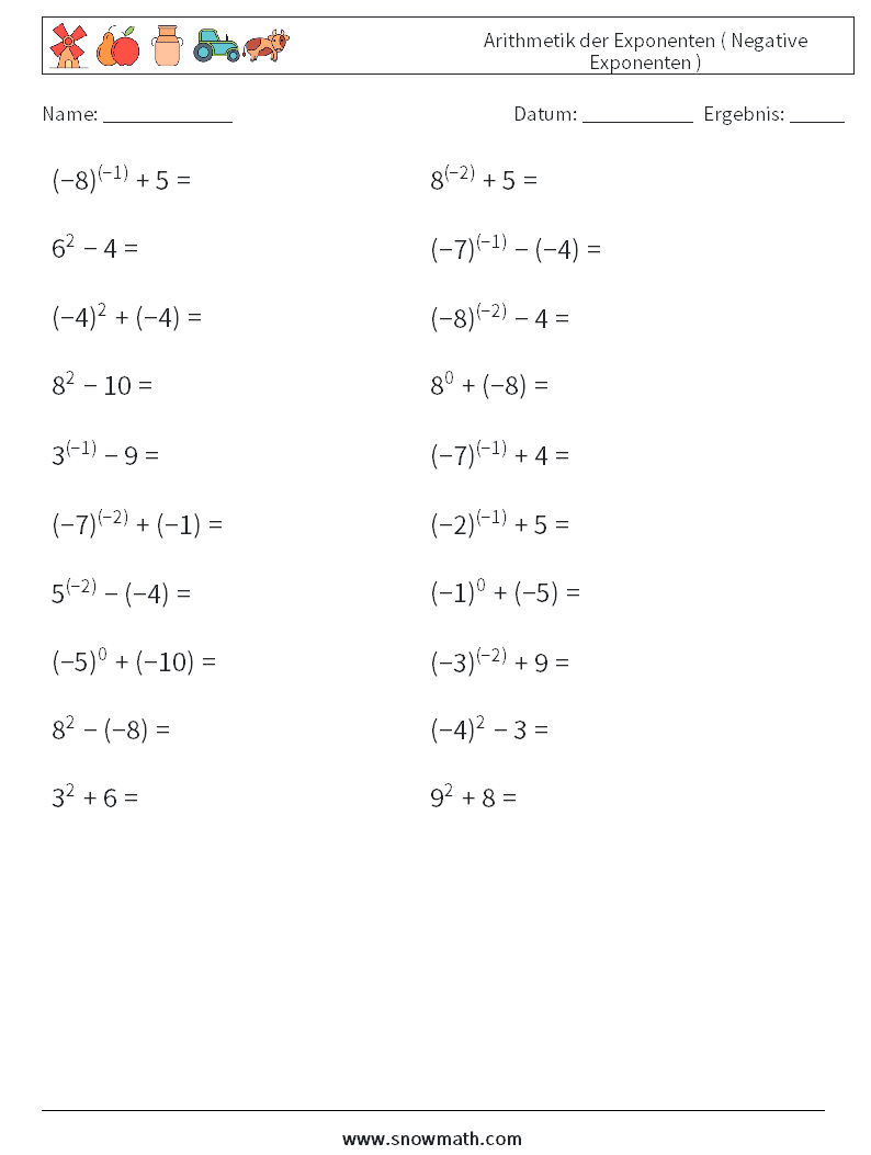  Arithmetik der Exponenten ( Negative Exponenten ) Mathe-Arbeitsblätter 5