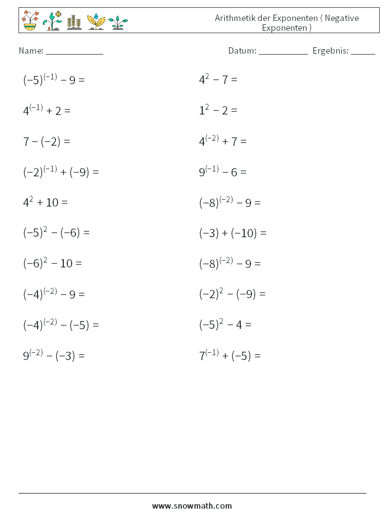  Arithmetik der Exponenten ( Negative Exponenten ) Mathe-Arbeitsblätter 6