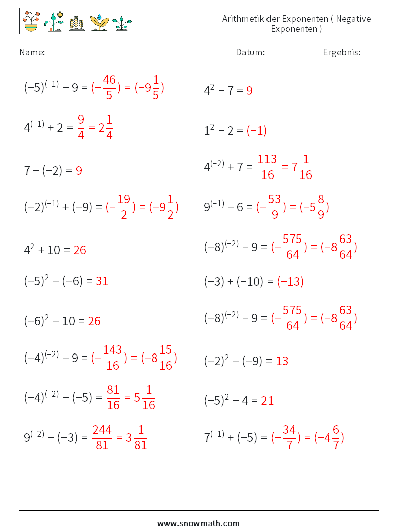  Arithmetik der Exponenten ( Negative Exponenten ) Mathe-Arbeitsblätter 6 Frage, Antwort