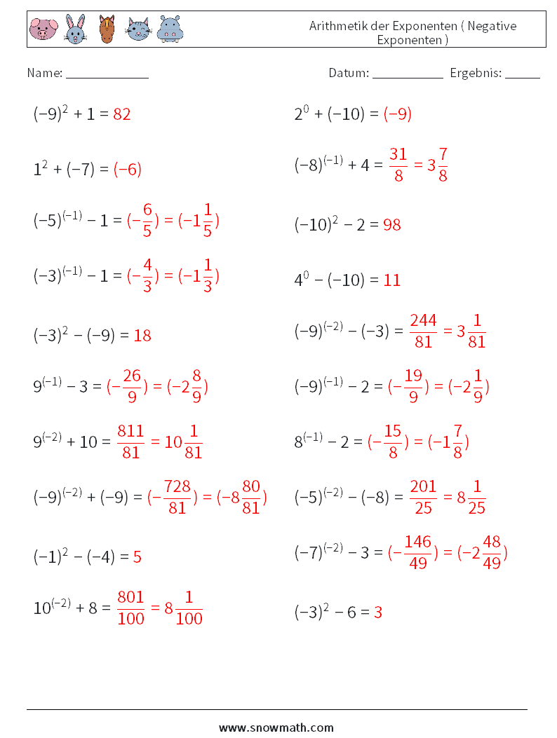  Arithmetik der Exponenten ( Negative Exponenten ) Mathe-Arbeitsblätter 7 Frage, Antwort