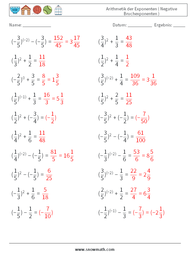  Arithmetik der Exponenten ( Negative Bruchexponenten ) Mathe-Arbeitsblätter 6 Frage, Antwort