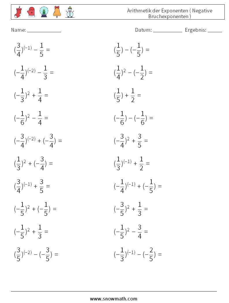  Arithmetik der Exponenten ( Negative Bruchexponenten ) Mathe-Arbeitsblätter 7