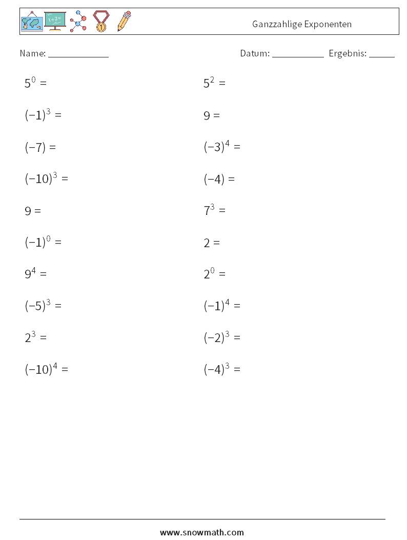 Ganzzahlige Exponenten Mathe-Arbeitsblätter 1