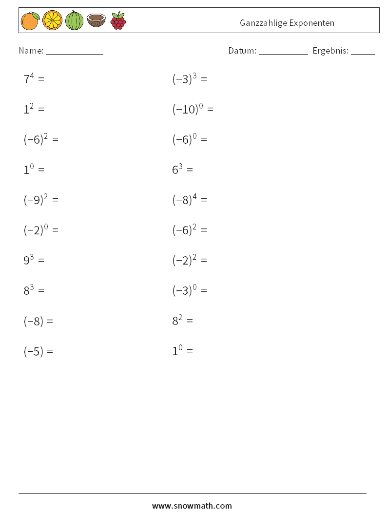 Ganzzahlige Exponenten Mathe-Arbeitsblätter 2