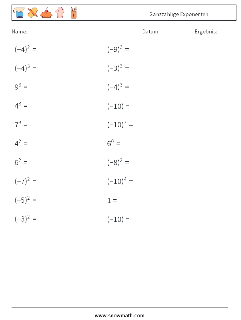 Ganzzahlige Exponenten Mathe-Arbeitsblätter 9