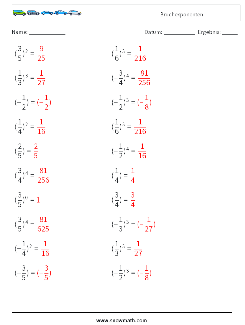 Bruchexponenten Mathe-Arbeitsblätter 1 Frage, Antwort