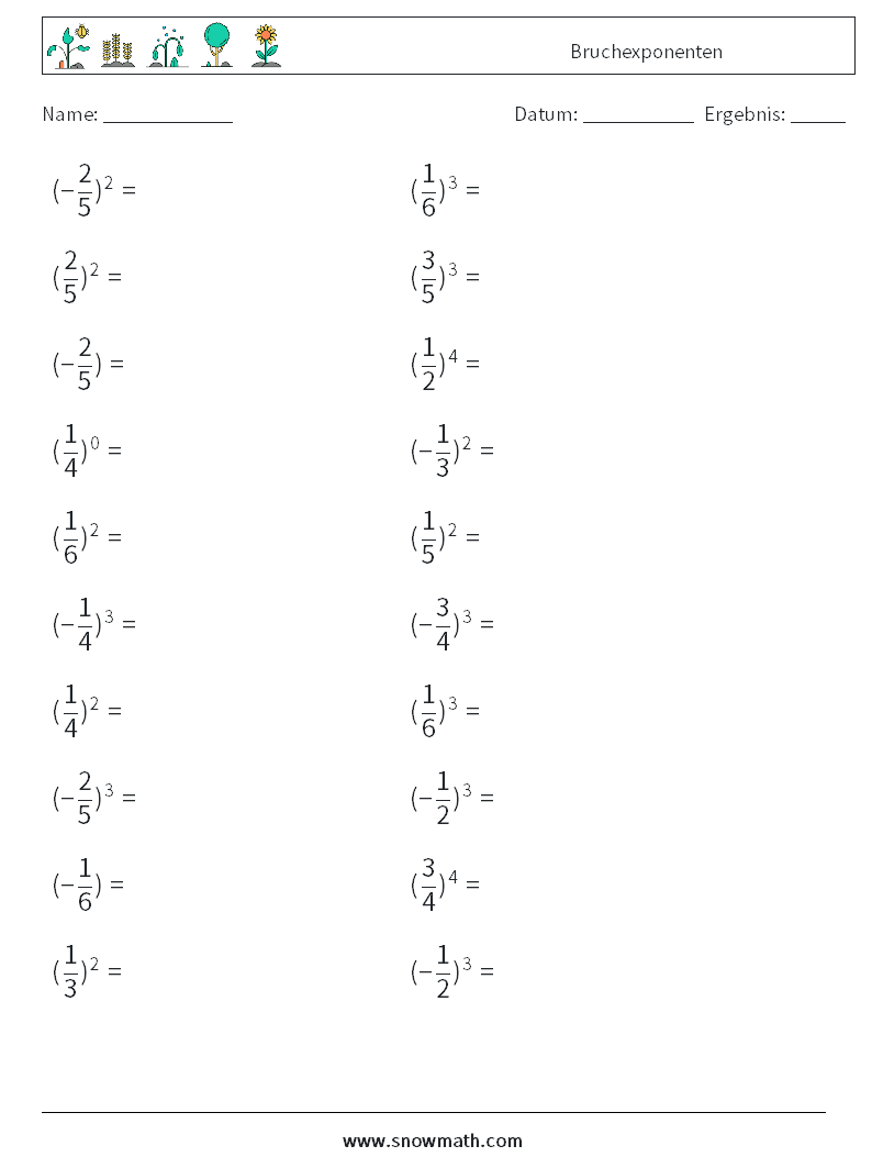 Bruchexponenten Mathe-Arbeitsblätter 2