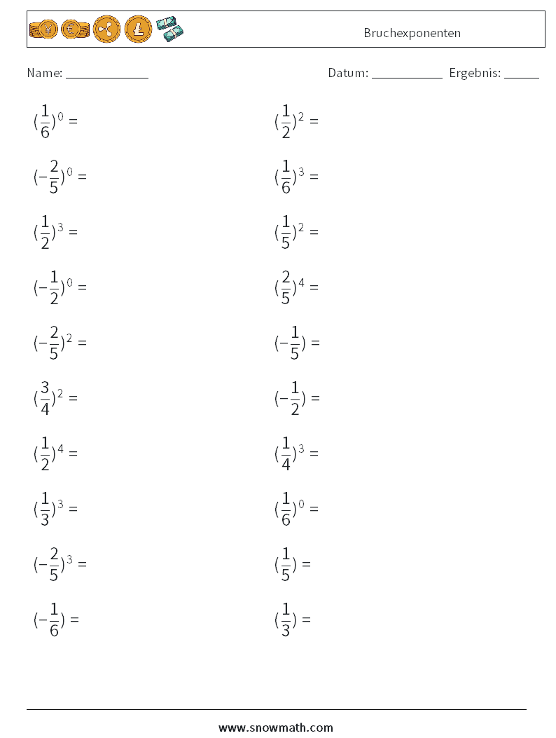 Bruchexponenten Mathe-Arbeitsblätter 3