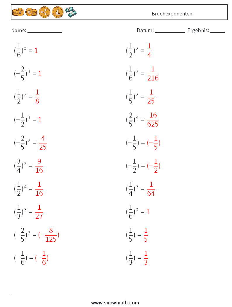 Bruchexponenten Mathe-Arbeitsblätter 3 Frage, Antwort