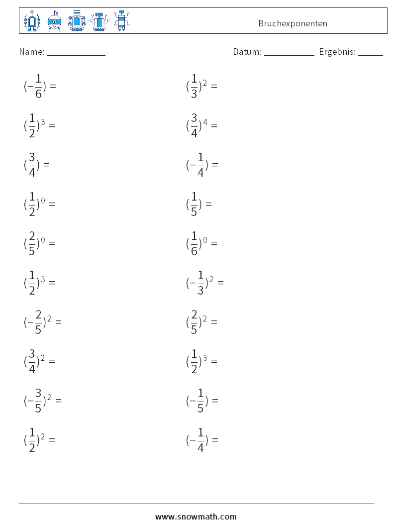 Bruchexponenten Mathe-Arbeitsblätter 4