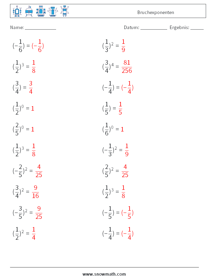 Bruchexponenten Mathe-Arbeitsblätter 4 Frage, Antwort