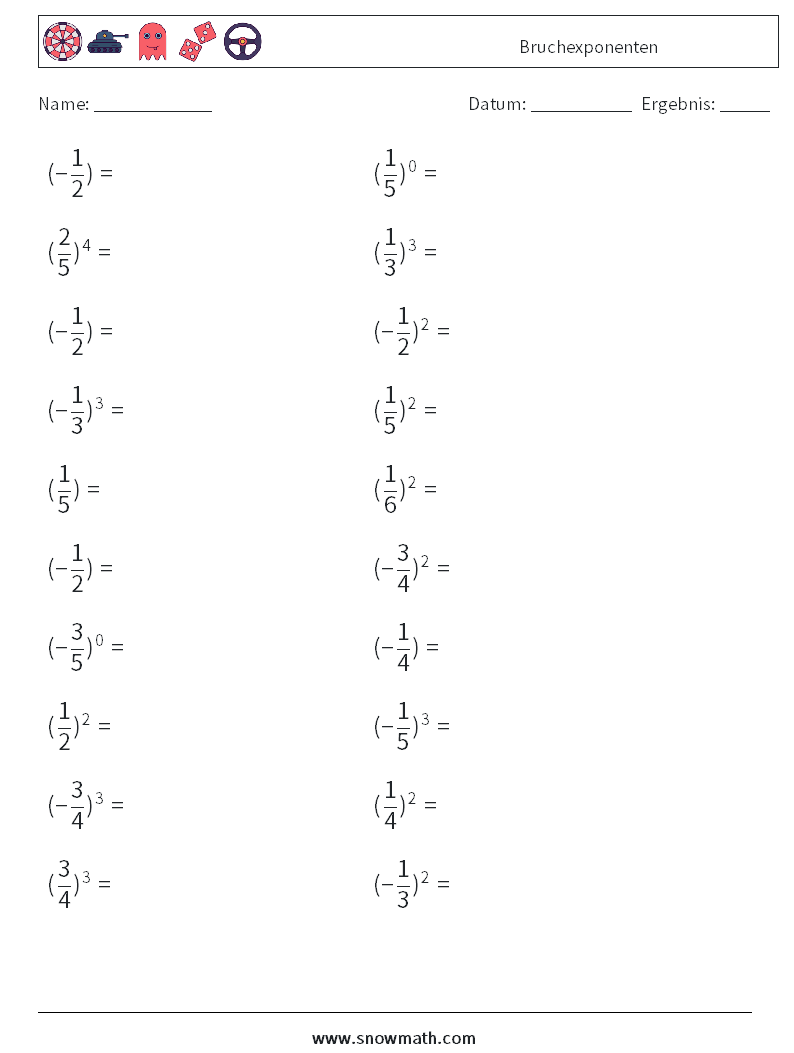 Bruchexponenten Mathe-Arbeitsblätter 7