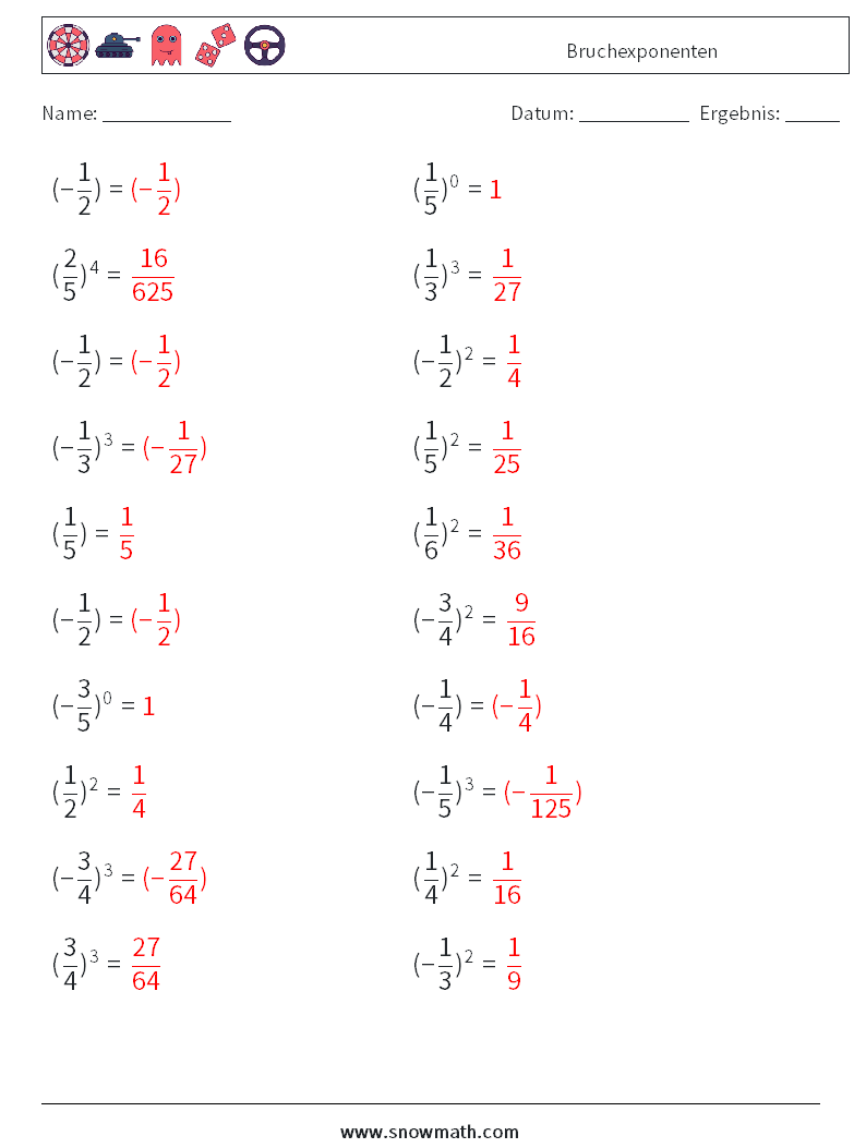 Bruchexponenten Mathe-Arbeitsblätter 7 Frage, Antwort