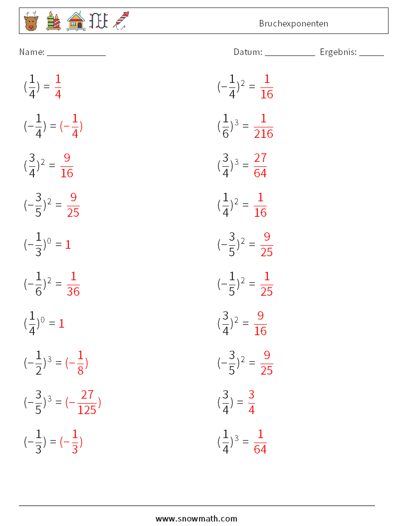 Bruchexponenten Mathe-Arbeitsblätter 8 Frage, Antwort