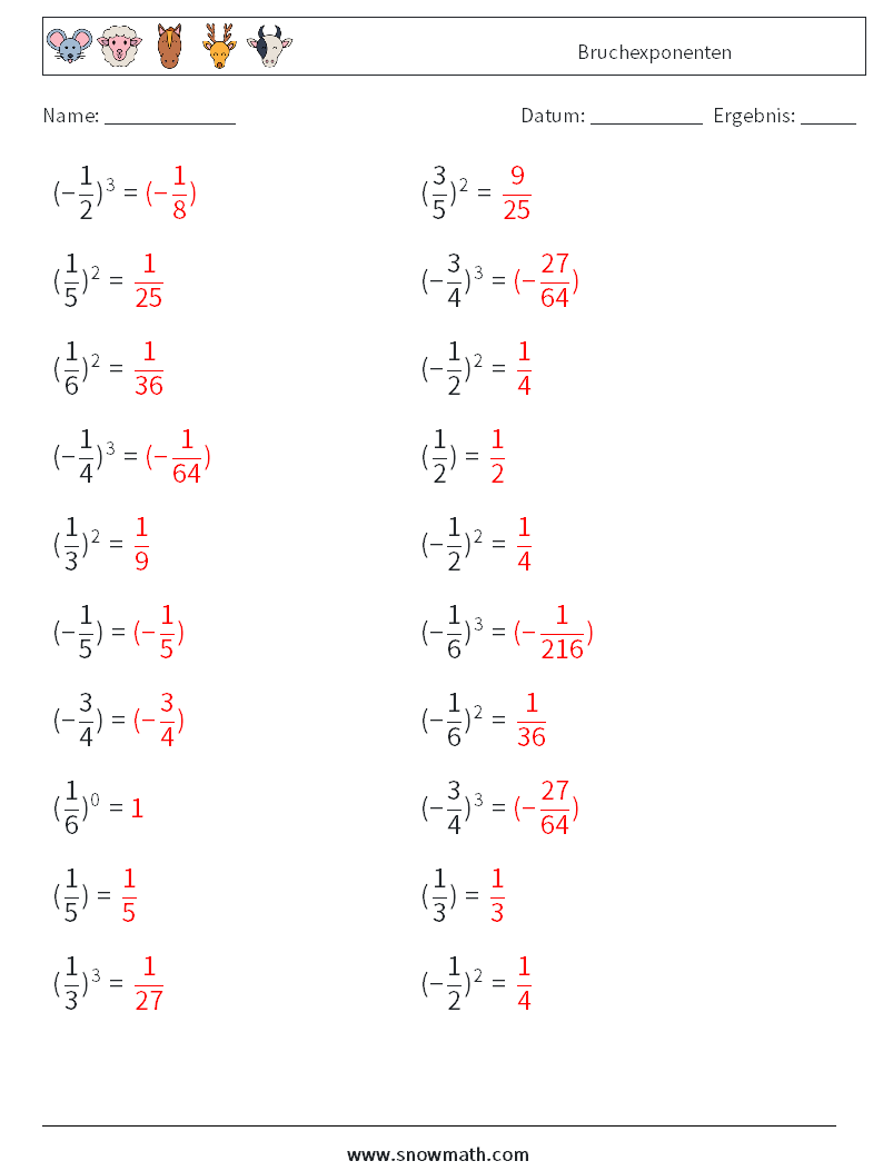 Bruchexponenten Mathe-Arbeitsblätter 9 Frage, Antwort