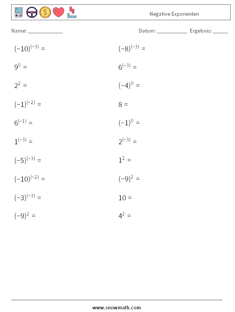  Negative Exponenten Mathe-Arbeitsblätter 1